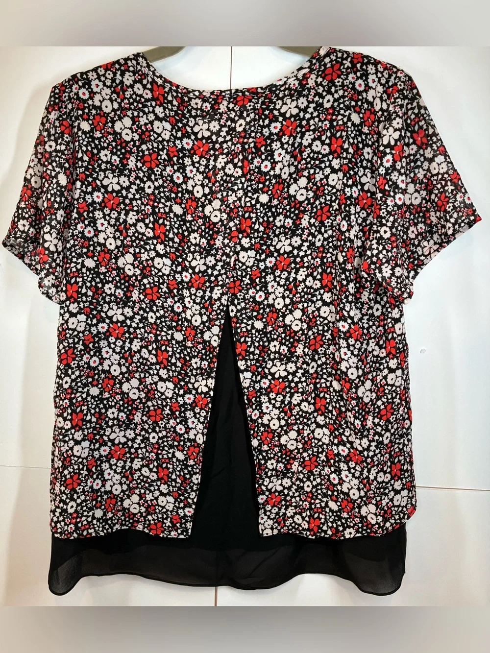 Michael Kors Floral Layered Chiffon Blouse Black Red White Petite Medium NWT